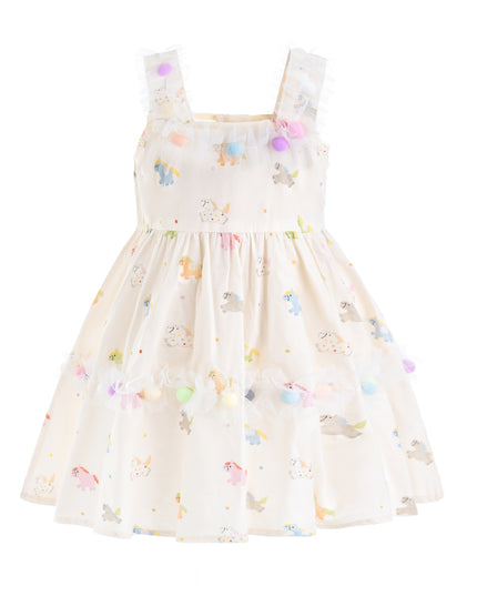 kids atelier mimi tutu White Lunaria Animal Print Pom‑Pom Dress