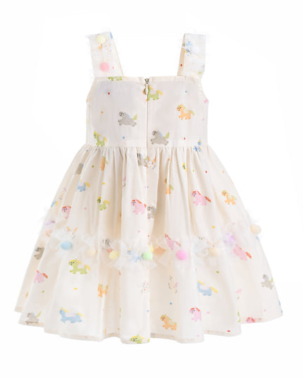 kids atelier mimi tutu White Lunaria Animal Print Pom‑Pom Dress