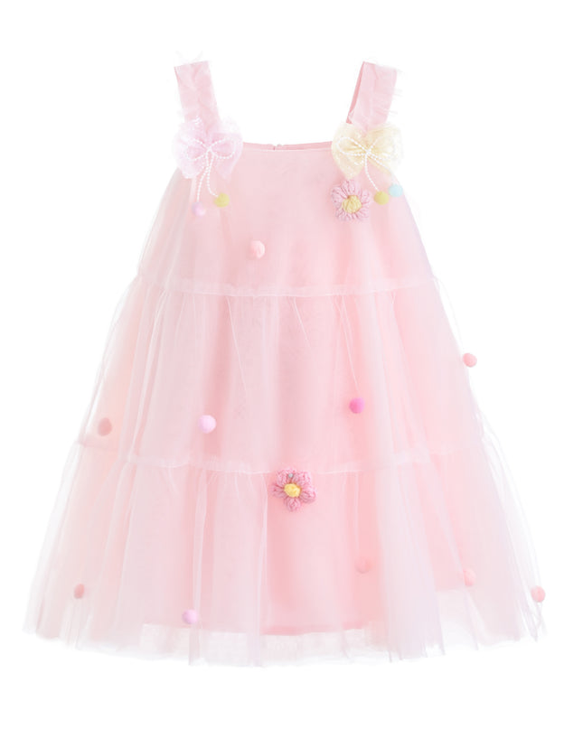 kids atelier mimi tutu Light Pink Suvanna Pom‑Pom Tulle Dress with Bow Clip