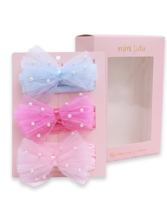 kids atelier mimi tutu Multicolor Elastic Tulle Pearl Bow Headband Set