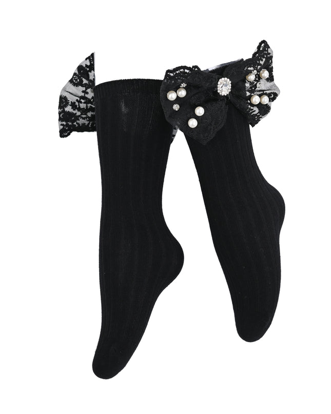 kids atelier mimi tutu Pearl Ribbon Rhinestone Bow Socks