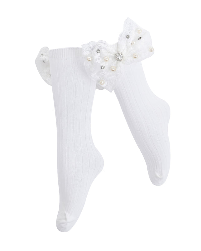 Pearl Ribbon Rhinestone Bow Socks