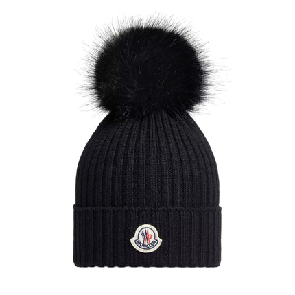 kids atelier moncler Black Wool Beanie with Pom Pom