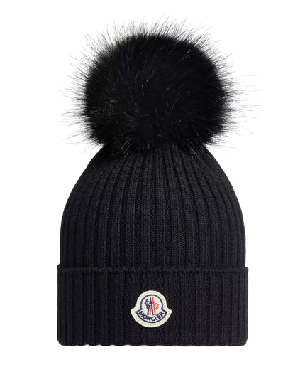 kids atelier moncler Black Wool Beanie with Pom Pom