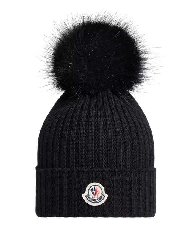 kids atelier moncler Black Wool Beanie with Pom Pom