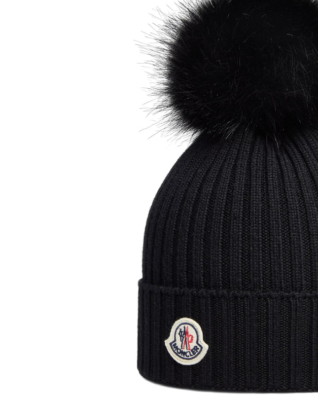kids atelier moncler Black Wool Beanie with Pom Pom
