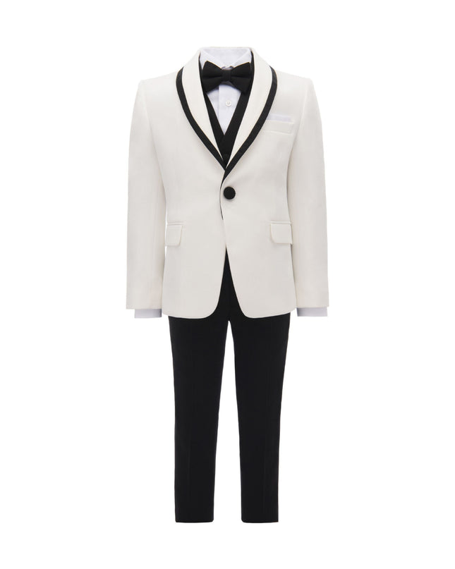 kids atelier moustache Cream-Black Trim Shawl Lapel 5 Pcs Tuxedo Set