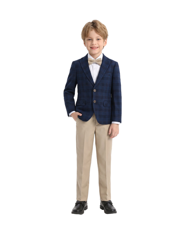 kids atelier moustache Blue Plaid Suit with Beige Accents