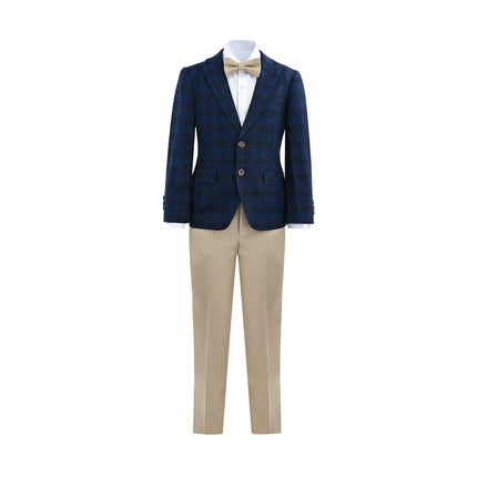 kids atelier moustache Blue Plaid Suit with Beige Accents