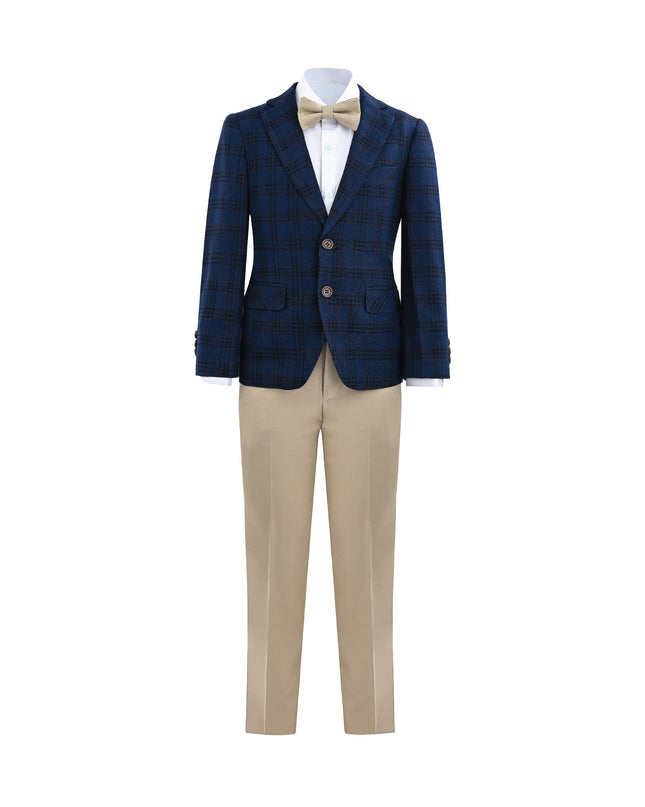 kids atelier moustache Blue Plaid Suit with Beige Accents
