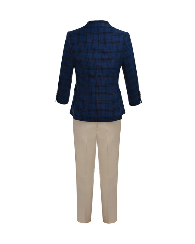 kids atelier moustache Blue Plaid Suit with Beige Accents