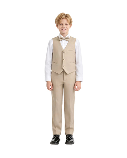 kids atelier moustache Beige Serge Formal Vest & Bow Tie Suit Set