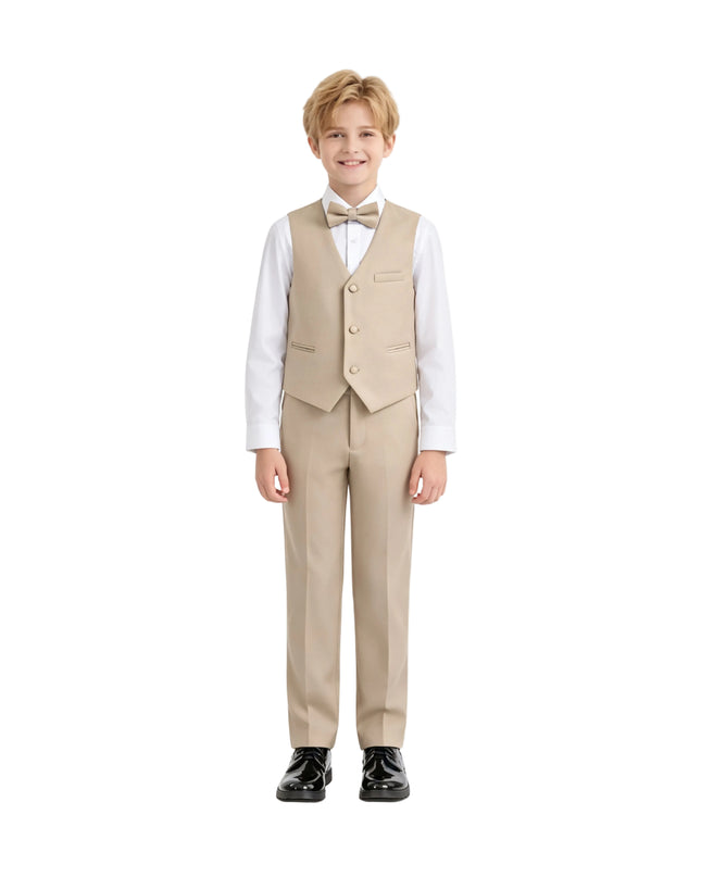 kids atelier moustache Beige Serge Formal Vest & Bow Tie Suit Set