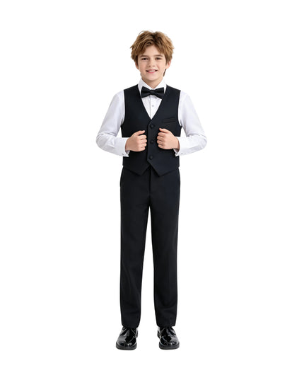 kids atelier moustache Black Serge Formal Vest & Bow Tie Suit Set