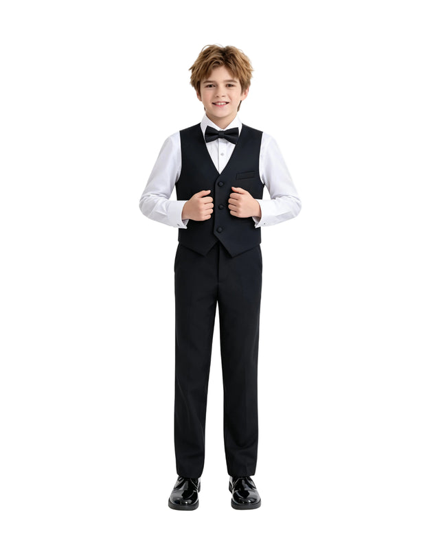 kids atelier moustache Black Serge Formal Vest & Bow Tie Suit Set