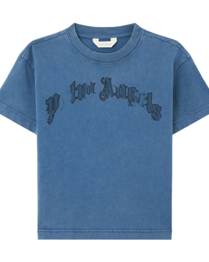 kids atelier palms angels Blue Curved Logo Faded T-Shirt