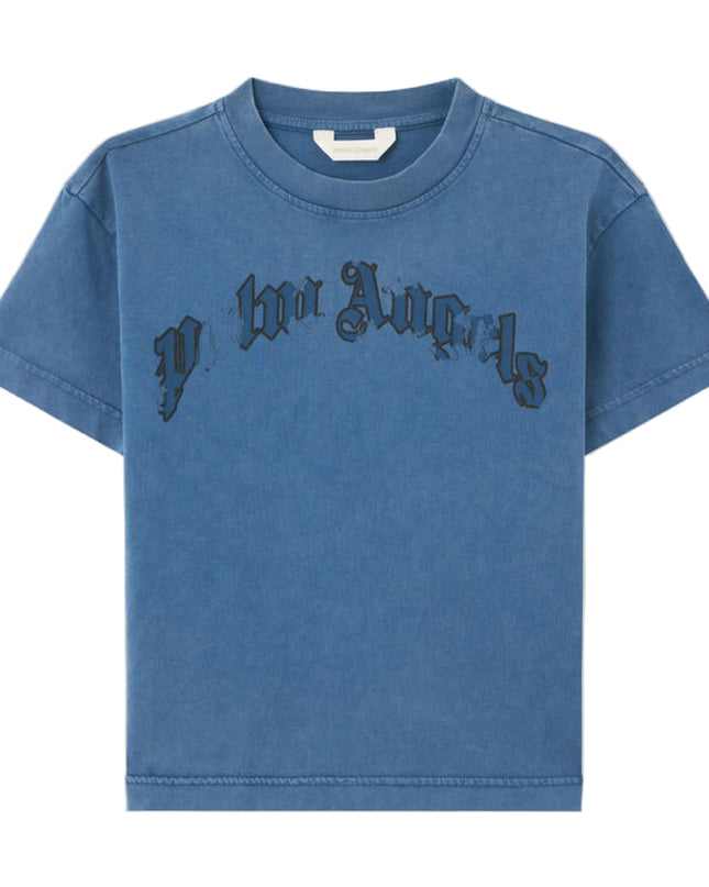 kids atelier palms angels Blue Curved Logo Faded T-Shirt