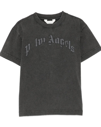 kids atelier palm angels Black Curved Logo Faded T-Shirt