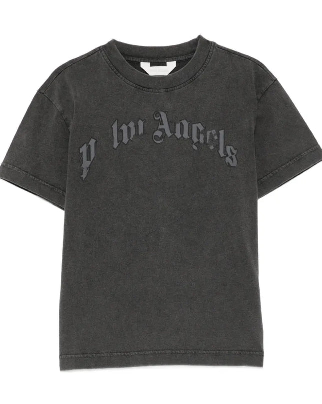 kids atelier palm angels Black Curved Logo Faded T-Shirt