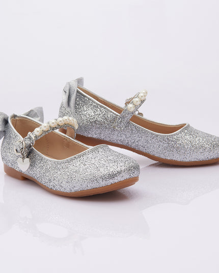 PERLA-SHOES-V95B-GLITTER SILVER-PEARL STRAP + BACK BOW