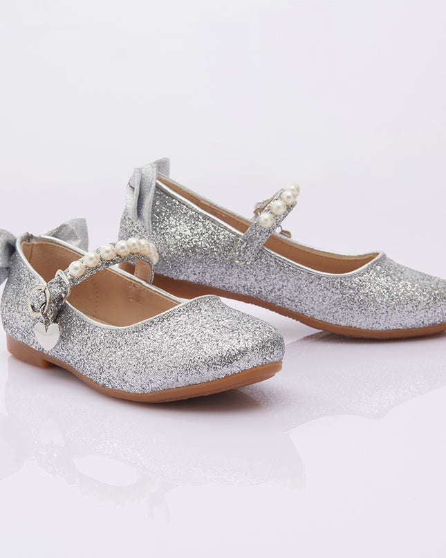 PERLA-SHOES-V95B-GLITTER SILVER-PEARL STRAP + BACK BOW
