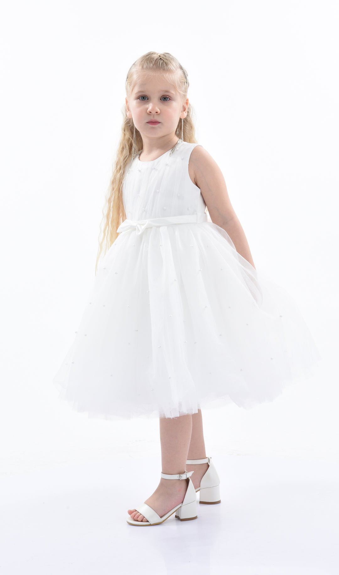 White Pearl Bow Tulle Dress