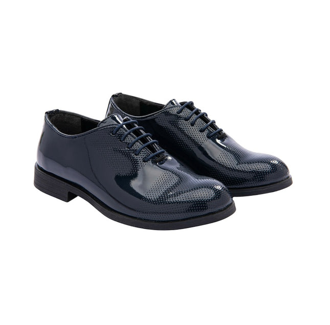 Moustache-Closed Lace Perforated Dress Shoes-ERK18-Patent Dark Blue