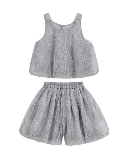 kids atelier sweet cactus Gray Floral Embroidered Short Set