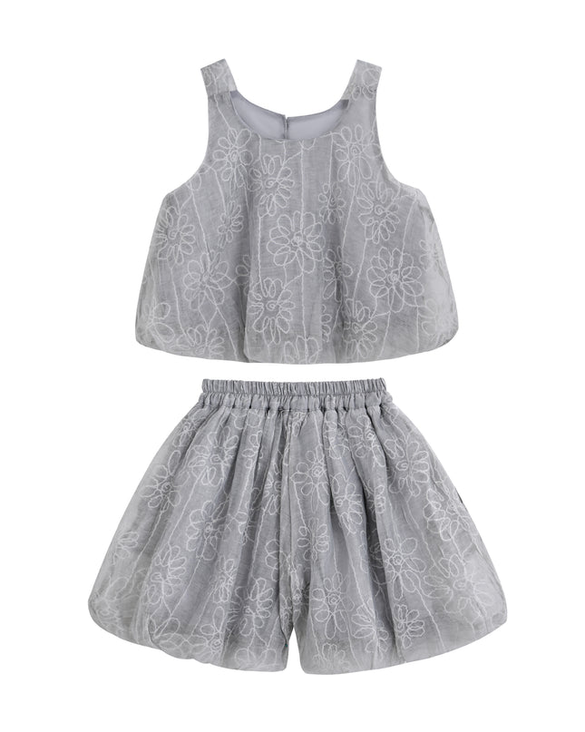 kids atelier sweet cactus Gray Floral Embroidered Short Set