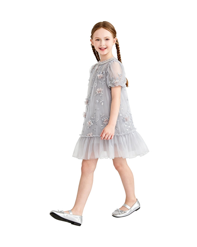 kids atelier sweetcactus Silver Bloom Embroidered Occasion Dress