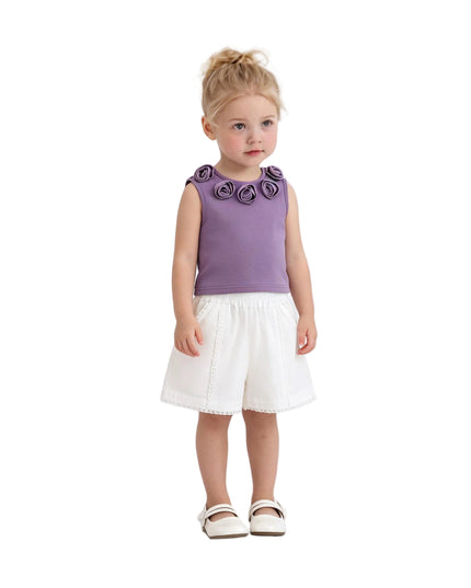 kids atelier sweet cactus Purple Rosette Top and Lace-Trim Shorts Set