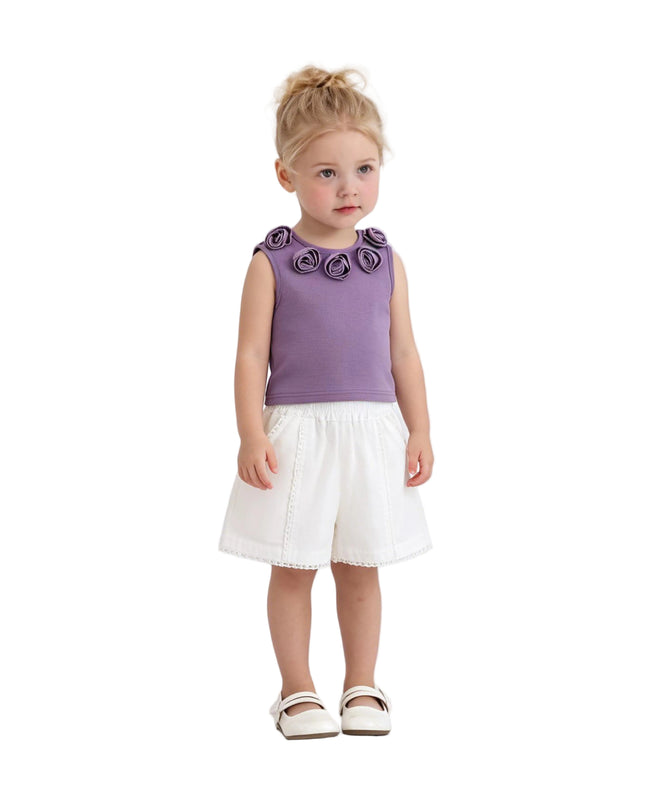 kids atelier sweet cactus Purple Rosette Top and Lace-Trim Shorts Set
