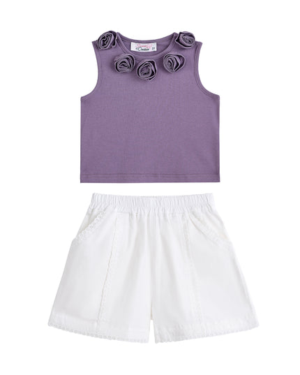 kids atelier sweet cactus Purple Rosette Top and Lace-Trim Shorts Set