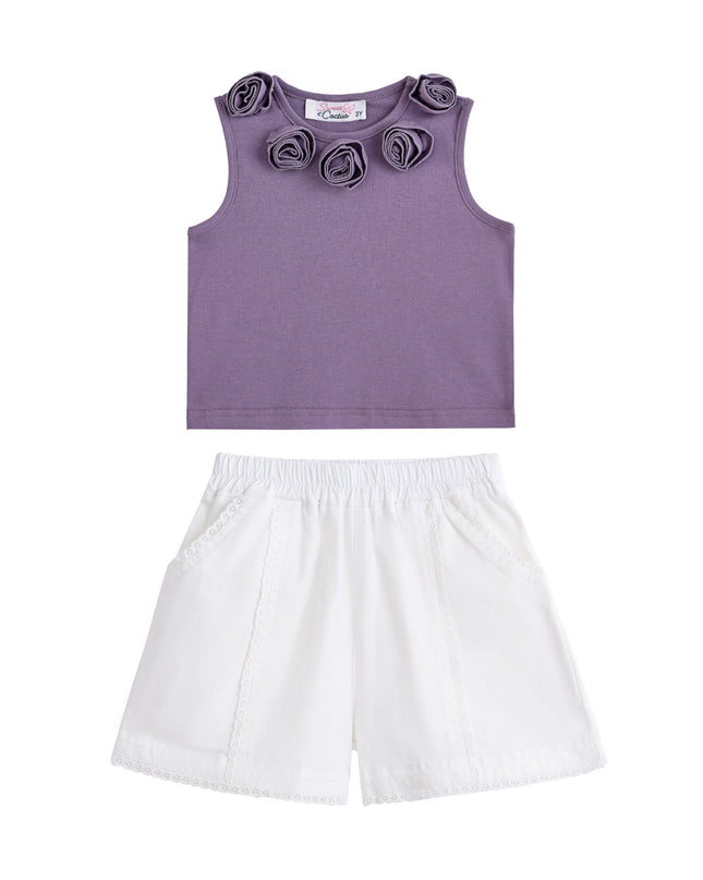 kids atelier sweet cactus Purple Rosette Top and Lace-Trim Shorts Set