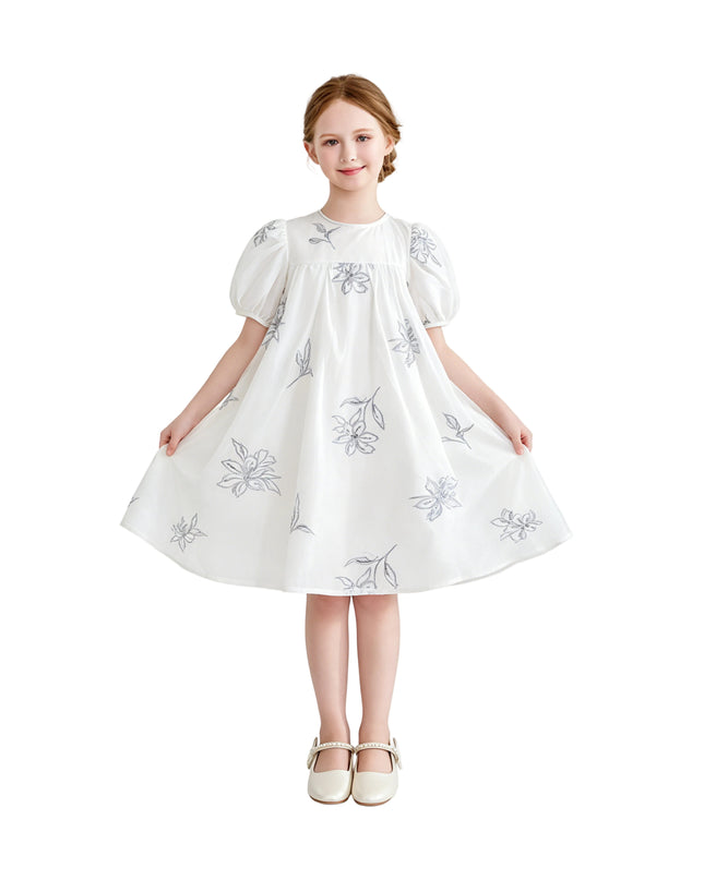 kids atelier sweetcactus Whisper Embroidered Puff-Sleeve Dress