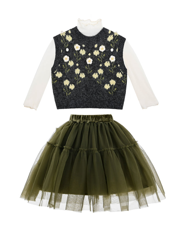 kids atelier sweet cactus Floral Knit Vest & Tulle Skirt Set