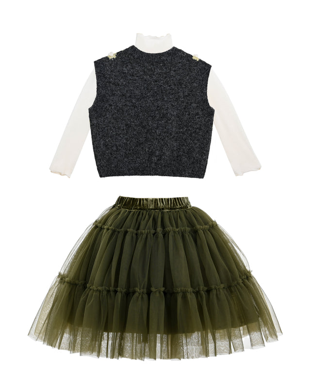 kids atelier sweet cactus Floral Knit Vest & Tulle Skirt Set