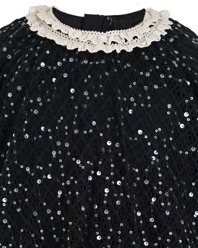 kids atelier sweet cactus Black Sequin Lace-Trim Dress