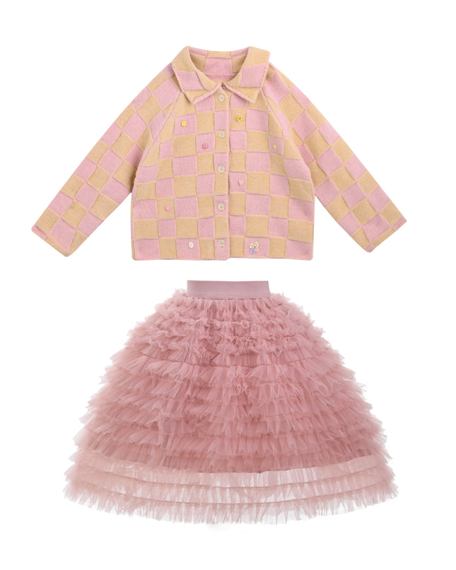 kids atelier sweet cactus Pink Checkered Jacket & Tulle Skirt Set