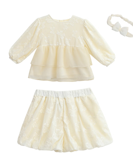 kids atelier sweet cactus Cream Embroidered Ruffle Outfit with Bow Headband