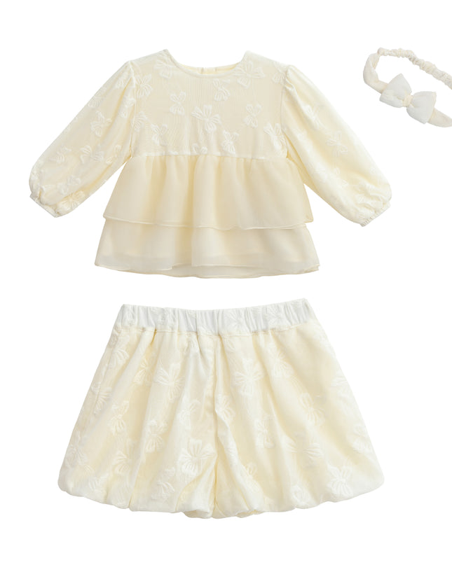 kids atelier sweet cactus Cream Embroidered Ruffle Outfit with Bow Headband