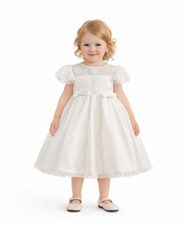 tulleen Ivory Riverelle Lace-Trim Puff Sleeve Dress