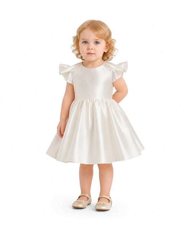 tulleen White Maravelle Satin Flutter-Sleeve Dress