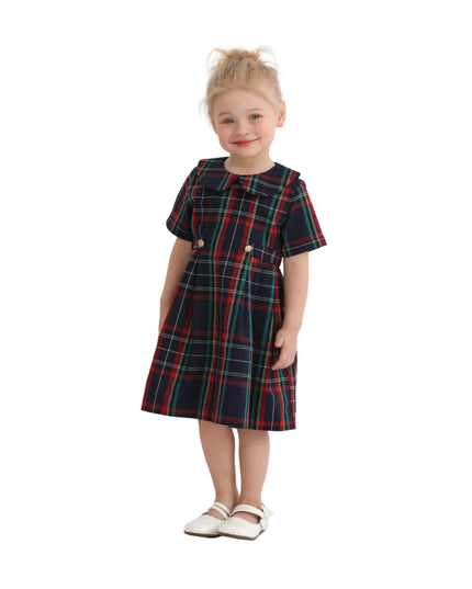 kids atelier tulleen Navy & Red Plaid Button-Waist Dress