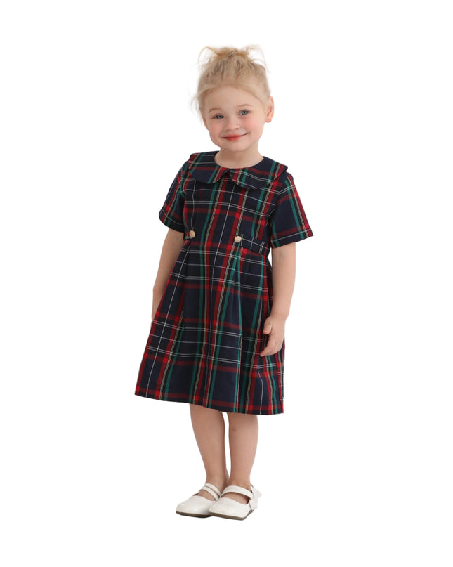 kids atelier tulleen Navy & Red Plaid Button-Waist Dress