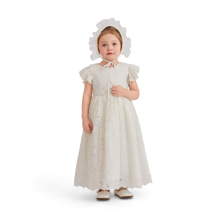 kids atelier tulleen White Velloria Lace Christening Dress with Bonnet