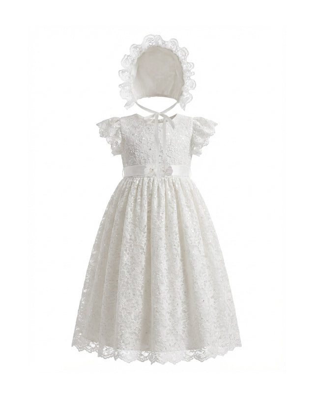 kids atelier tulleen White Velloria Lace Christening Dress with Bonnet