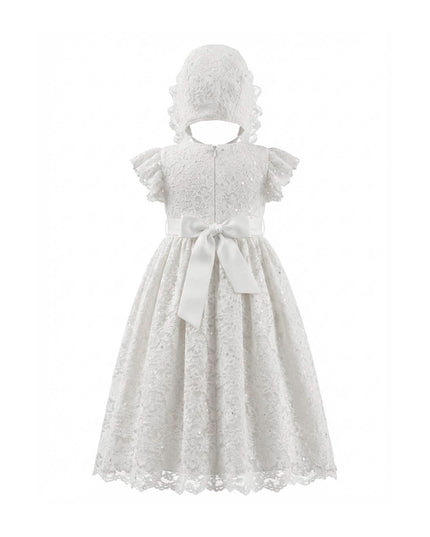 kids atelier tulleen White Velloria Lace Christening Dress with Bonnet