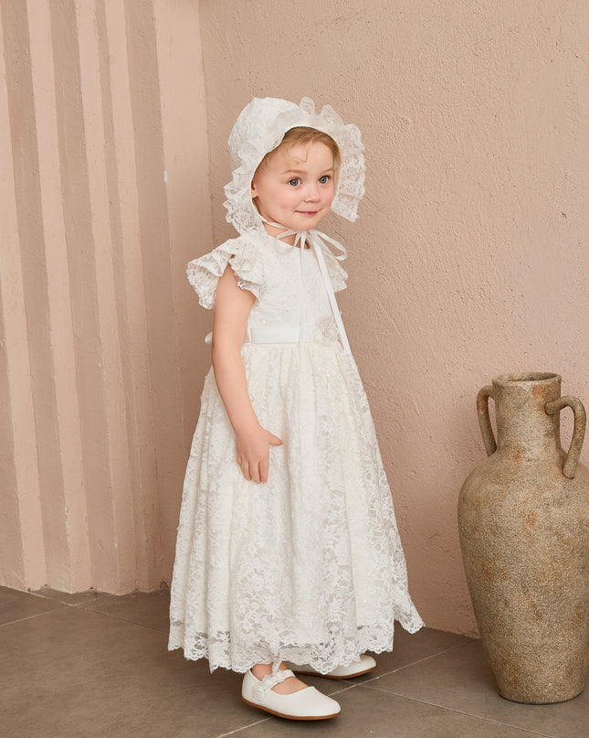 kids atelier tulleen White Velloria Lace Christening Dress with Bonnet