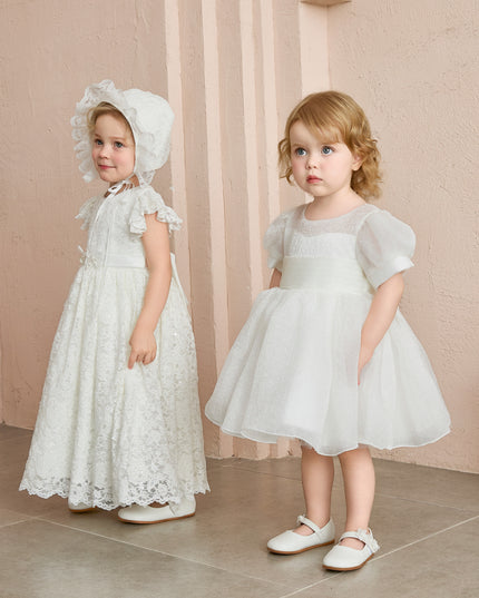 kids atelier tulleen White Velloria Lace Christening Dress with Bonnet